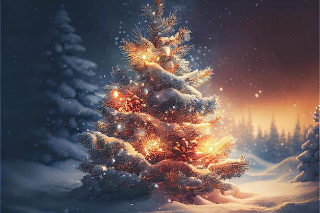 Winter background with bright lights and snow on Christmas tree with decorations