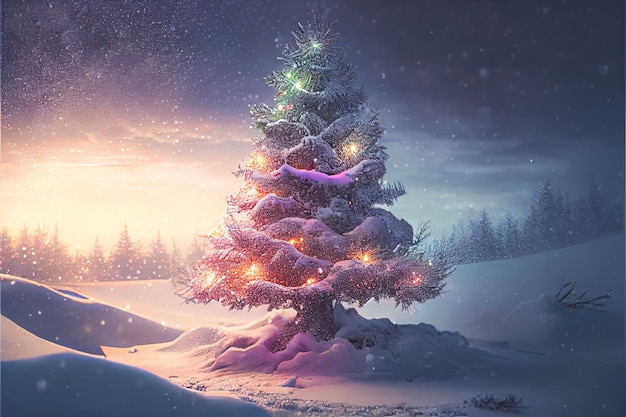 Winter background with bright lights and snow on Christmas tree with decorations