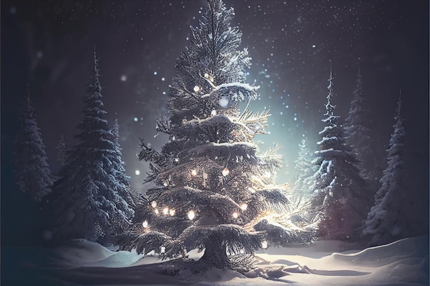 Winter background with bright lights and snow on Christmas tree with decorations