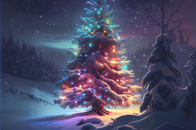 장식이 있는 크리스마스 트리에 밝은 조명과 눈이 있는 겨울 배경