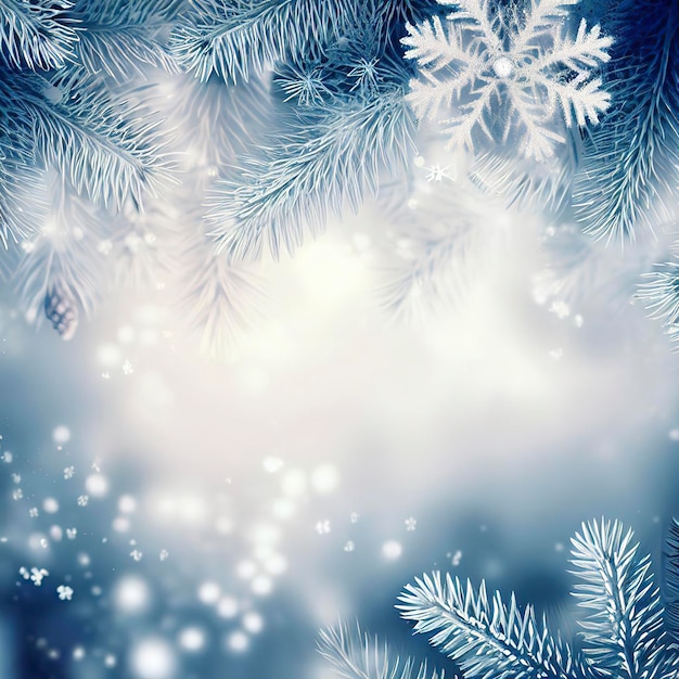 Winter background with fir branches and snowflakes