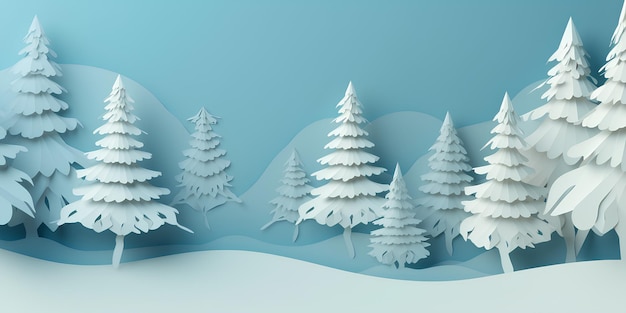 Winter background with fir trees Snowy winter composition in paper cut style