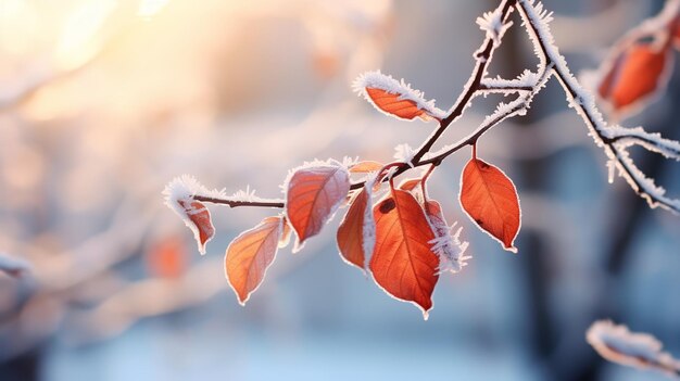 Photo winter background with frozen leaves hanging