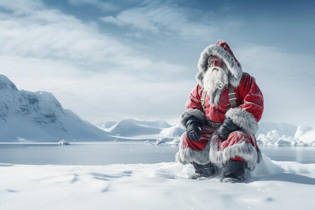 Photo winter background with santa claus coming to countryside on frozen lake at night scene