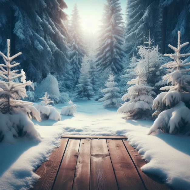 winter background with snow green trees and wooden table copy space ai generative