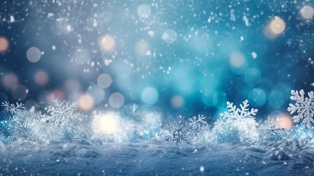 Winter background with snowflakes and bokeh lights Christmas background Copy space for text Copy space Space for text Generative AI