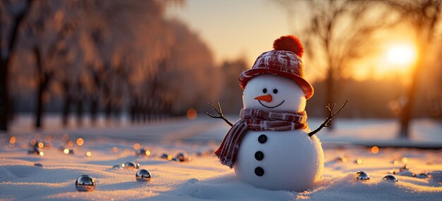 Photo winter background with snowman in the snow in the style of sunrays shine