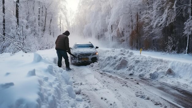冬の戦い 男性ドライバーが雪に覆われたフロアの中で車を取り戻すために 極端な雪降りを克服します