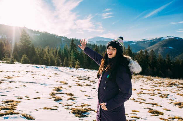 Photo winter, beautiful girl, mountain, model, advertising,