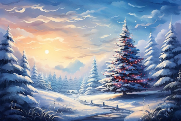 Winter beautiful landscape with trees covered with hoarfrost road and house Christmas scene Generative ai art