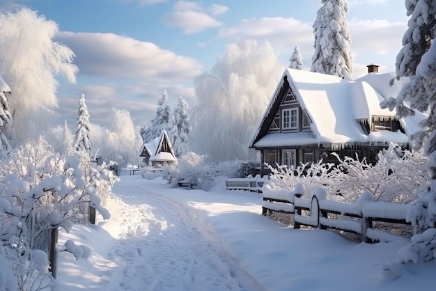 Winter beautiful landscape with trees covered with hoarfrost road and old house Generative ai art