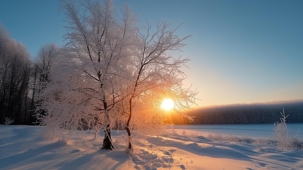 Winter beautiful mountain landscape with trees covered hoarfrost and bright sunlights