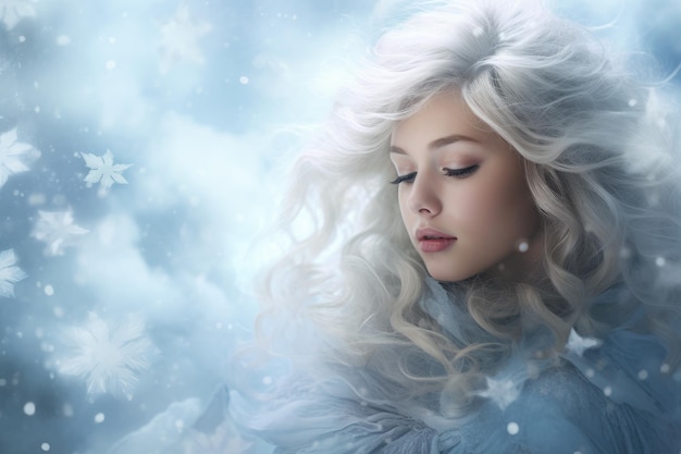 Winter beauty Portrait of a beautiful blonde woman with long curly hair Snowflakes A mesmerizing scene of snowflakes drifting in the wind with soft colors and a dreamy atmosphere AI Generated