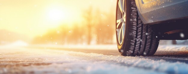 Winter besneeuwde autobanden in het sneeuwende winterseizoen op natte weg banner panorama Generatieve Ai