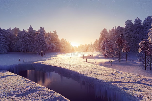 Winter besneeuwde park Frosty zonsondergang 3D-rendering. Rasterillustratie.