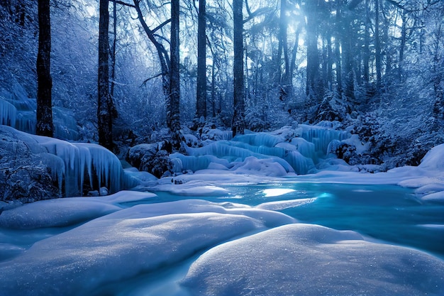 Winter Bevroren Kleine Waterval in Mystieke Bosstruikgewas 3D Kunstwerk Achtergrond