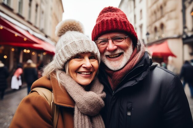 Зимнее блаженство Старшие туристы улыбаются в европейском городе Селфи