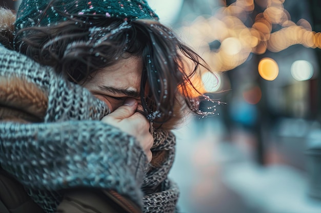 Foto blues invernali closeup di una giovane donna pensierosa durante una serata innevata