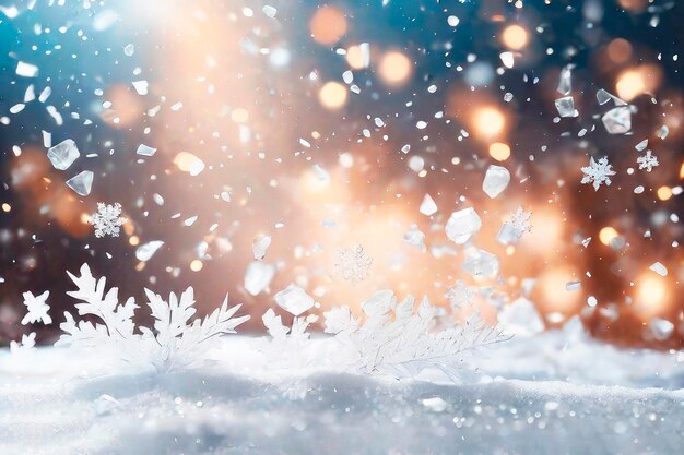 Winter blurred texture with snow and bokeh Christmas background