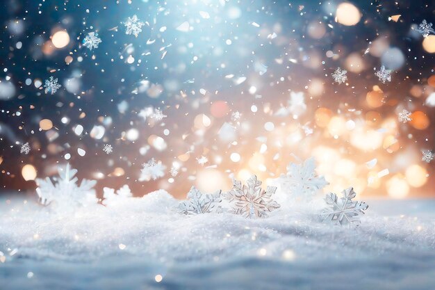 Зимняя размытая текстура со снегом и боке на рождественском фоне