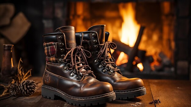 Photo winter boots by the fireplace