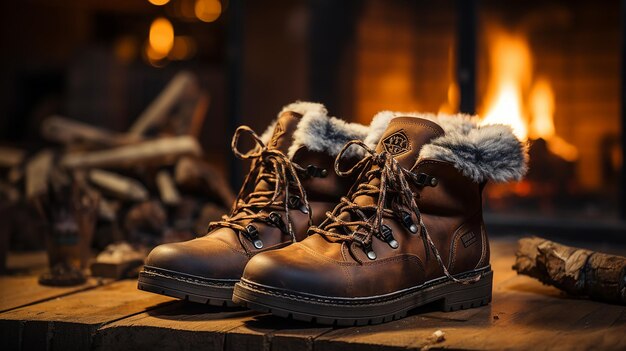 Photo winter boots by the fireplace