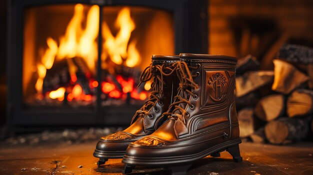 Photo winter boots by the fireplace