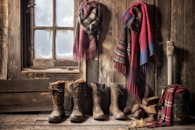 Winter boots and scarf hanging on a rustic wall created with generative ai