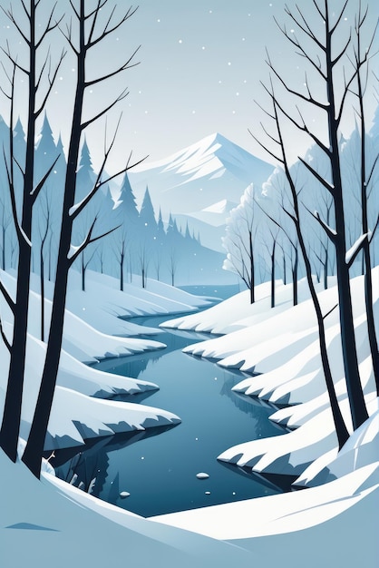Winter bos rivier en besneeuwde heuvels vector cartoon illustratie