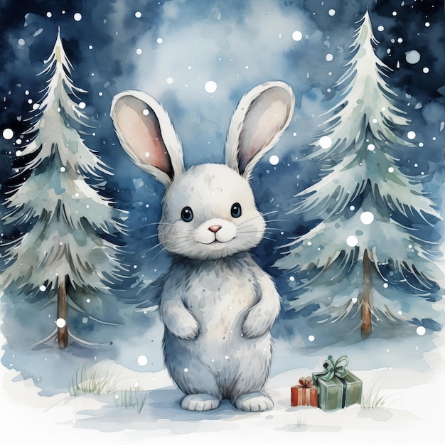 プレゼントのクリスマスカードの冬のウサギ