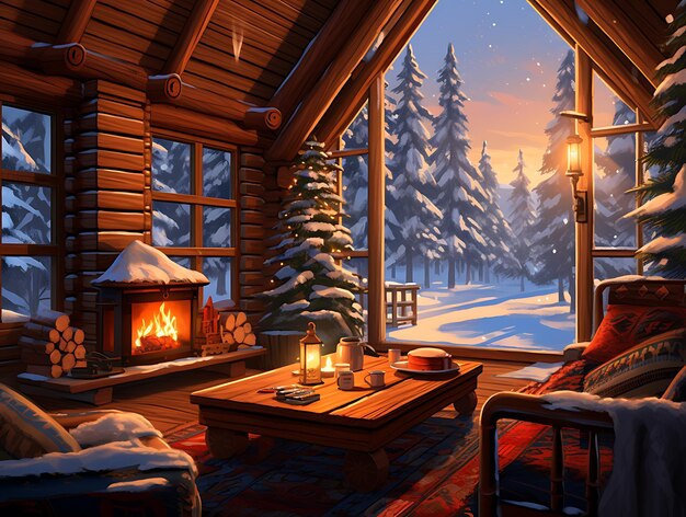 Photo winter cabin in a snowy forest with a warm fireplace