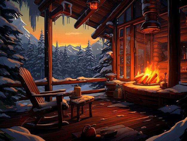 Photo winter cabin in a snowy forest with a warm fireplace