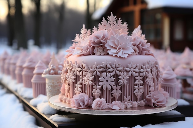 Зимний торт Страна Чудес розовая тема