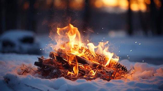 冬のキャンプファイア 冬の森の雪の上で火を燃やす 屋外で家族で週末の雪の日