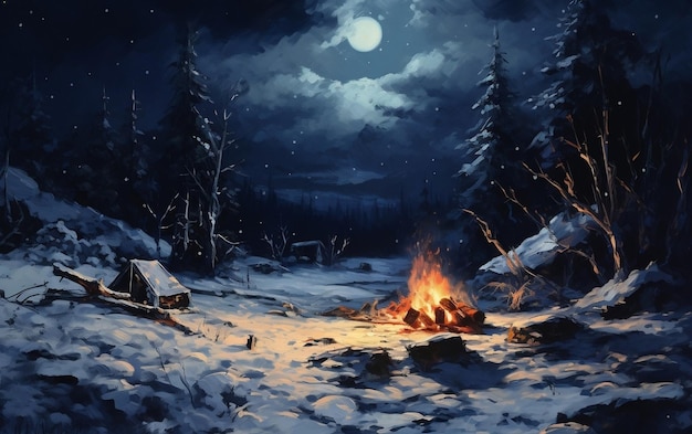 Winter Campfire Flames Dancing in a Blanket of Snow Generative AI