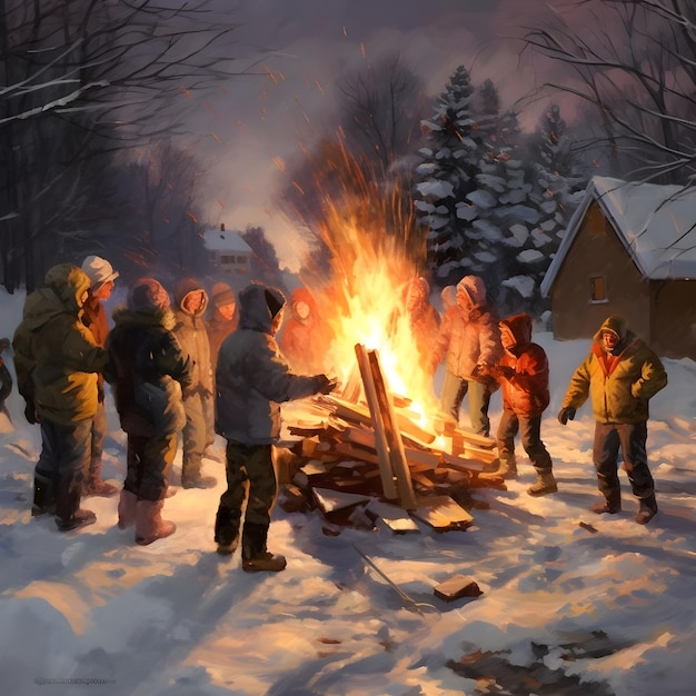 Winter campfire in the village at sunset Painting on canvas