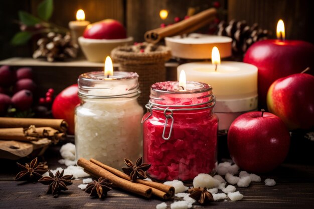 Winter candles with rustic designs and apples Generative AI illustration