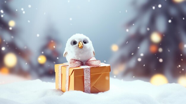 Winter card with bird and gift box