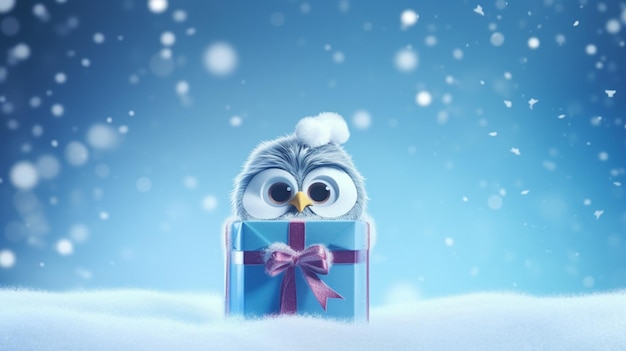 Winter card with bird and gift box