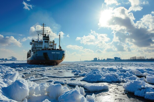 Winter cargo ship in icy port