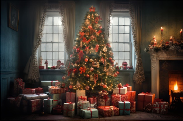 선물 로 장식 된 겨울 축제 크리스마스 트리