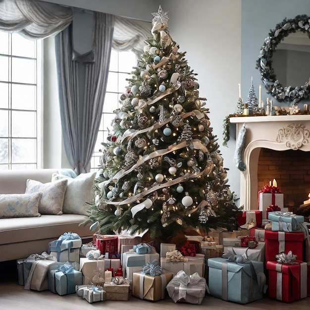 冬の祝い クリスマスツリーに贈り物を飾る