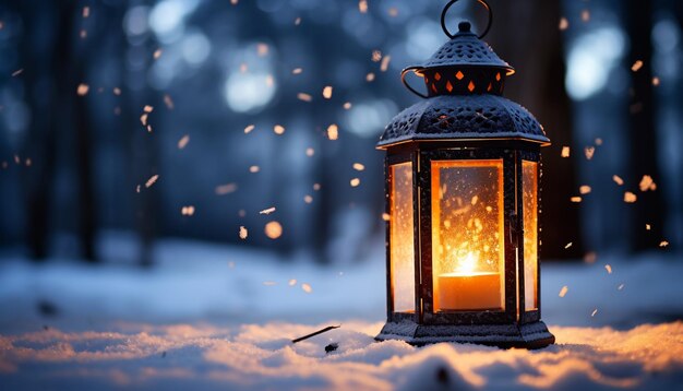 Winter celebration lanterns illuminate the snowy night with warmth generated by artificial intelligence