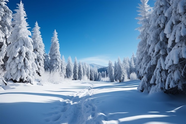 Winter charm Snow covered fir trees beneath a clear blue sky