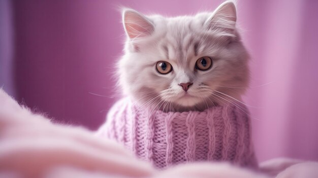 Фото Зимний шик: кот в стильном крошечном вязаном свитере на пастельно-фиолетовом и светло-малиновом фоне