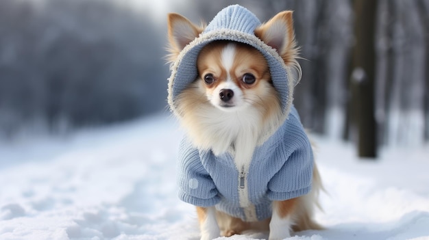 Winter Chihuahua dog in clothes sitting on snowy street