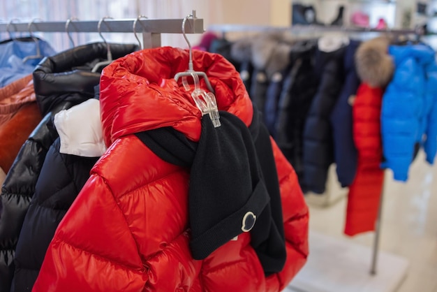 Winter children sports jacket on a hanger in the store