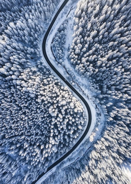 冬の寒さ 空から見た自然の冬の風景 冬の道路と森の空撮 森と雪