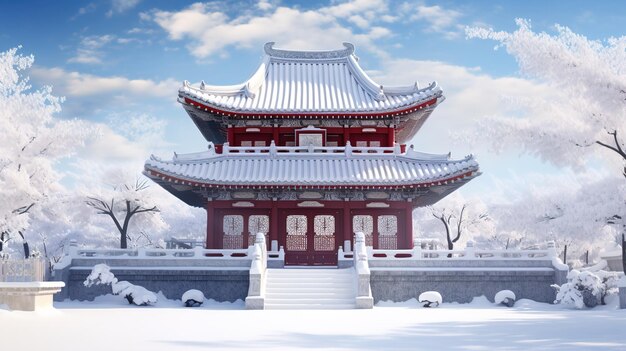 写真 中国の冬の様式の古代の建物の雪のシーンイラスト