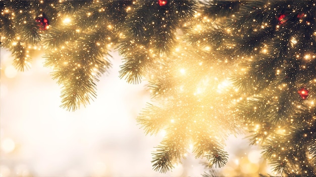 Winter Christmas background with Christmas tree branch decorations stars lights sparks bokeh festive mood AI generation